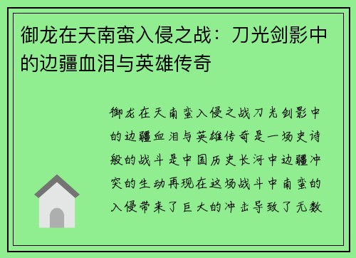 御龙在天南蛮入侵之战：刀光剑影中的边疆血泪与英雄传奇